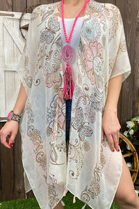BA10714 Beige/pink floral & butterfly printed kimono w/tassels