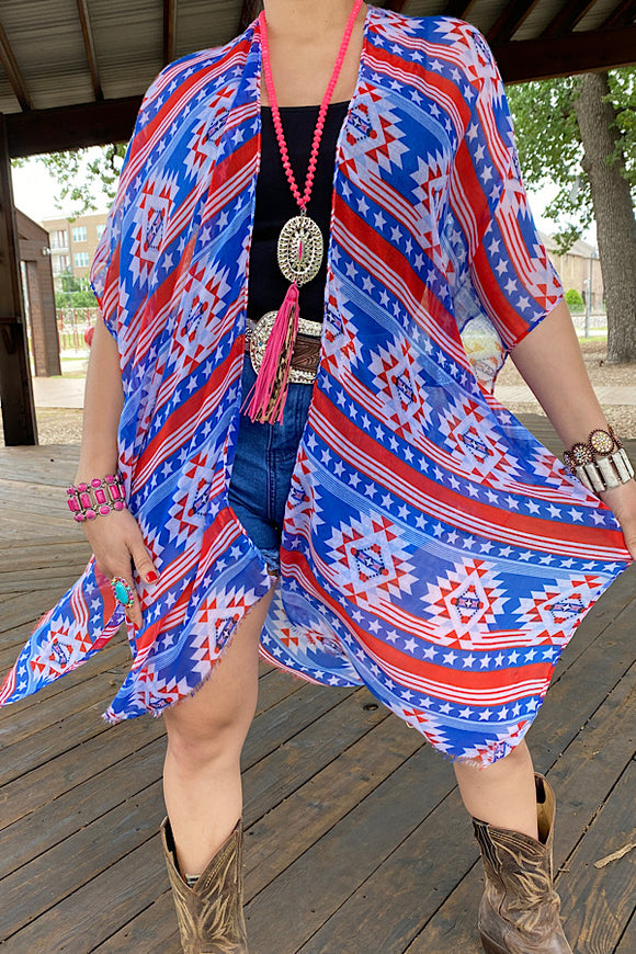 Red blue & white star and Aztec printed kimono BA10863