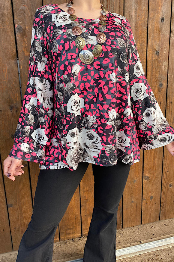 Pink/Floral leopard printed bell sleeve blouse BQ10300