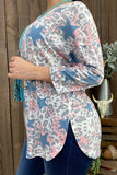 Blue/pink leopard & start printed 3/4 sleeve top BQ10670