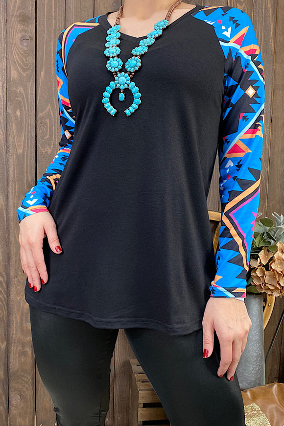 BQ11650 Black v-neck top w/blue Aztec printed long sleeves