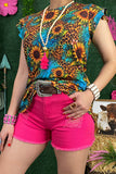 Leopard & sunflower printed short sleeve blouse BQ12543