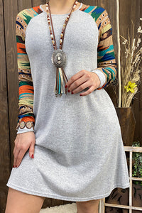 YMY11774 Grey dress w/multi color aztec printed long sleeves