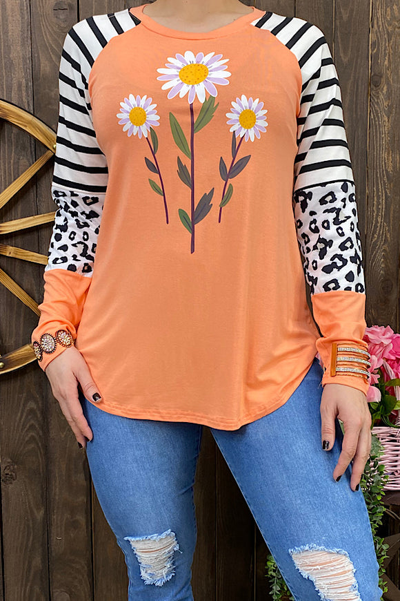 Orange Daisy flowers printed long sleeve top DLH11693