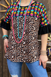 XCH12434 Multi color Aztec & leopard printed blouse w/ruffle sleeves