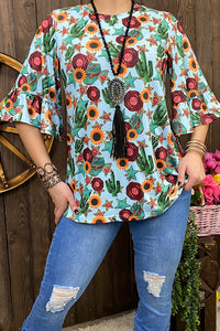 BQ1022 Western floral printed  blouse w/ruffle short sleeves