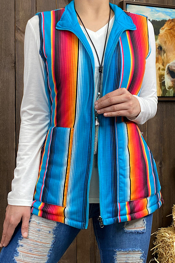 DL8362-2 Serape/turquoise reversible zipper vest w pockets (Tag is removable)