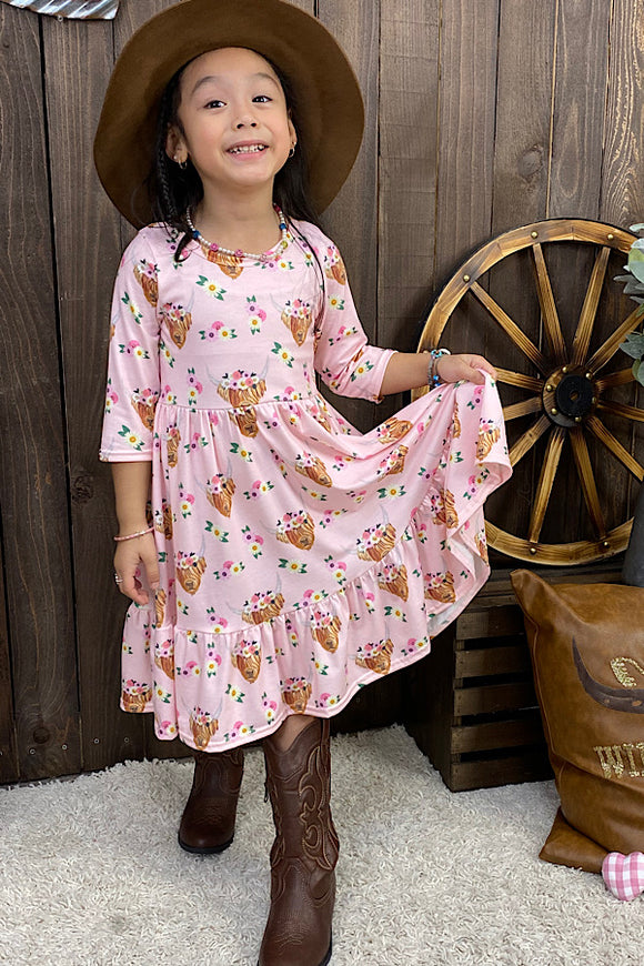 DLH0923-27 Pink baby cow & floral printed girls dress