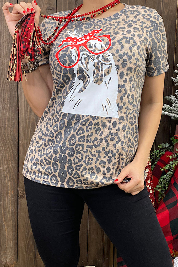 Leopard printed t-shirt w/chicken wearing glasses image DLH10133