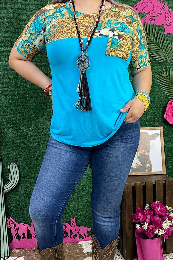 Turquoise Cow & Tooled printed short sleeve top w/front pocket DLH10407