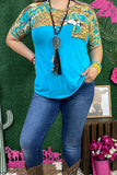 Turquoise Cow & Tooled printed short sleeve top w/front pocket DLH10407 (AS14)