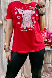 DLH10490"LOVE IS IN THE AIR" Red cute pig printed t-shirt