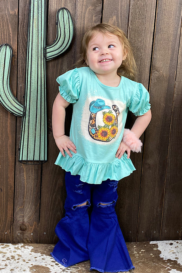 Turquoise horse shoe & sunflower printed ruffle girl top DLH1108-16