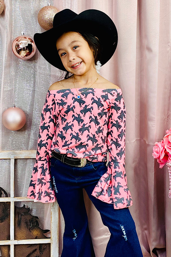 DLH1108-6 Pink off the shoulder cowboy riding horse printed blouse only w/bell sleeves