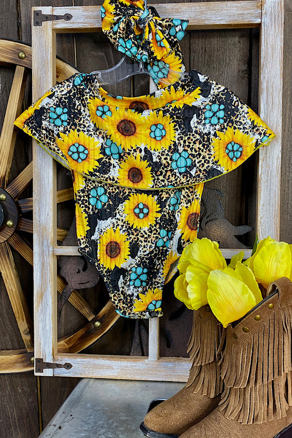 DLH1124-9 Sunflower & jewel printed baby onesie w/head band