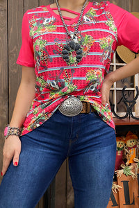 FFuchsia bull skull & horse shoe printed short sleeve top w/criss cross neckline DLH11308-2