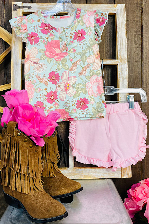 DLH1215-15 A3S1) Floral printed top w/pink shorts girl set