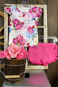 DLH1215-16   (A3S1) Floral printed top w/fuchsia shorts girl set