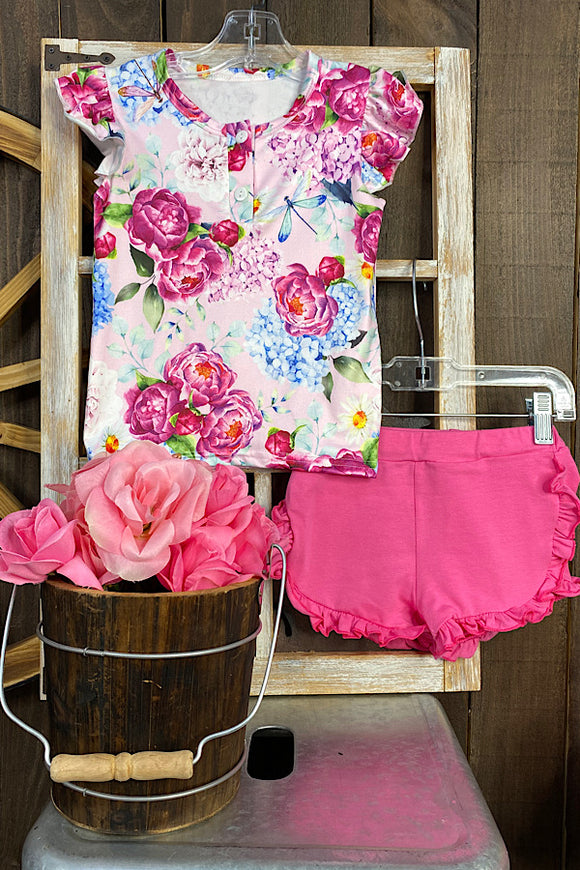 DLH1215-16 Floral printed top w/fuchsia shorts girl set