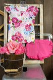 Trendy floral printed top w/fuchsia shorts 2pc girl's boutique set DLH1215-16 (A3S1)
