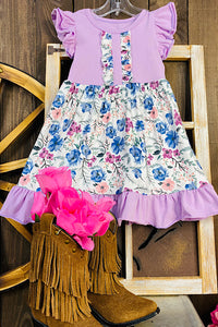 DLH1215-18 Purple floral little girls dress w/ruffle