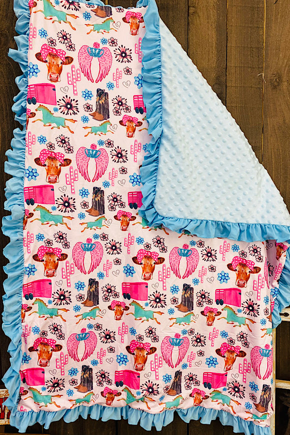 DLH1215-20 COWGIRL pink printed reversible blanket w/ruffle