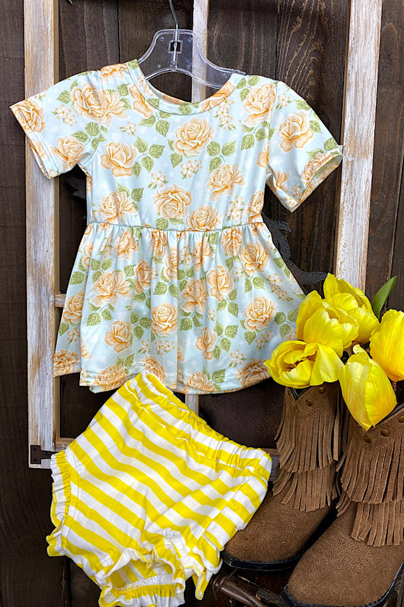 Floral baby doll top w/yellow striped bloomer set DLH1215-22