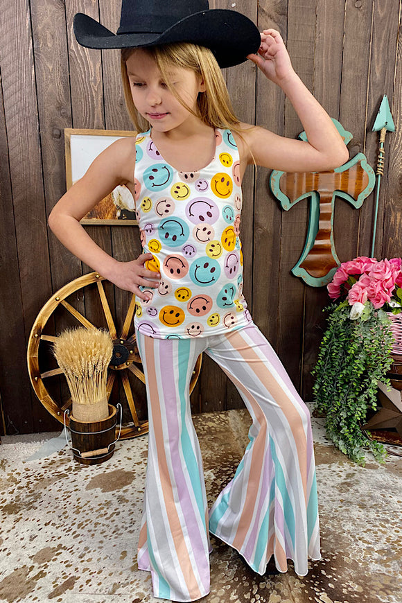 DLH1215-39 Multi color SMILEY printed top & striped bell bottoms set