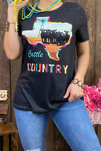 CATTLE COUNTRY Texas cow printed black top DLH12413