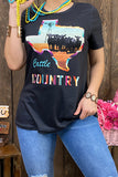CATTLE COUNTRY Texas cow printed black women top DLH12413 IS19