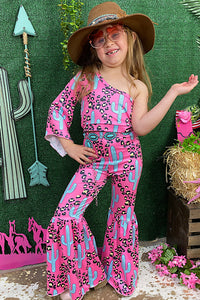 DLH2317 Pink cheetah & turquoise cactus one sleeve crop top & bell bottoms girl set