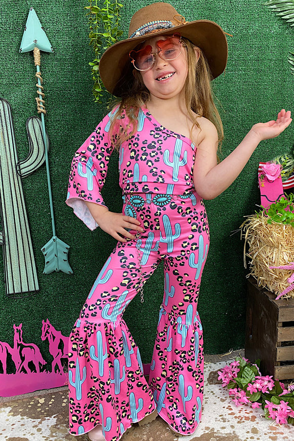 DLH2317 (A3S5) Pink cheetah & turquoise cactus one sleeve crop top & bell bottoms girl set
