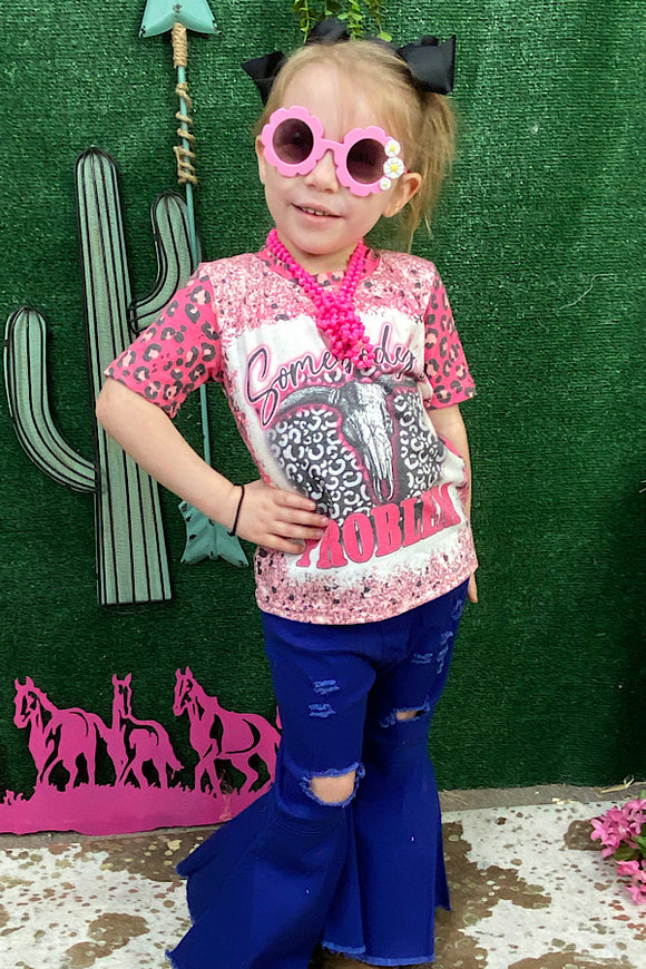 Somebody's problem pink bull skull leopard printed GIRLS top DLH2320