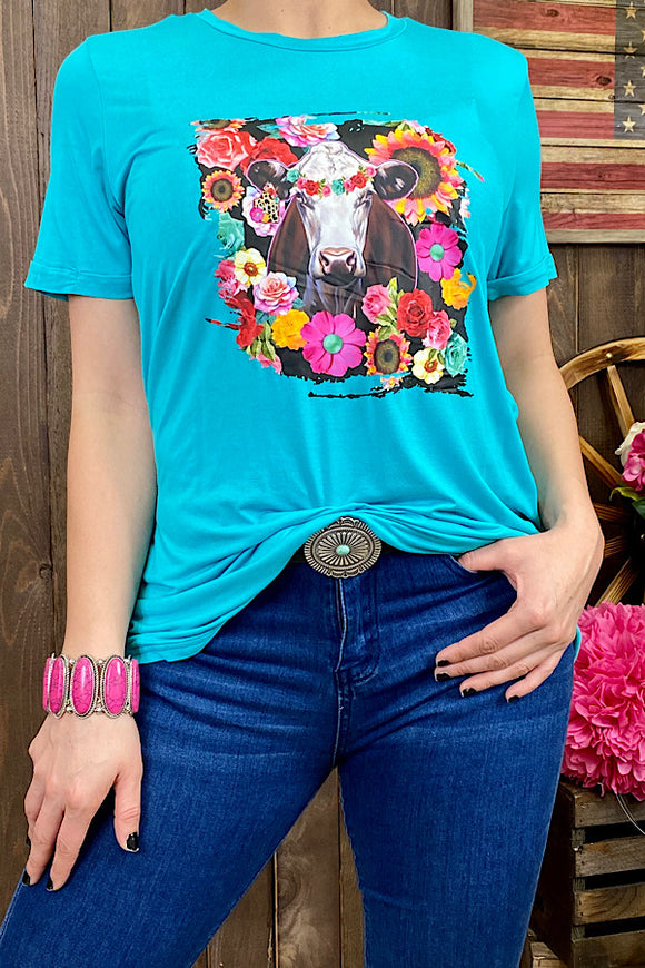 DLH8389 Turquoise cow & floral printed short sleeve top