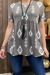 YMY11640 Grey Aztec printed baby doll blouse