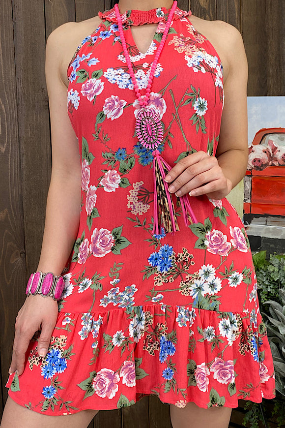 GJQ10984 Floral printed sleeveless dress w/key whole neckline