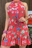 GJQ10984 Floral printed sleeveless dress w/key whole neckline