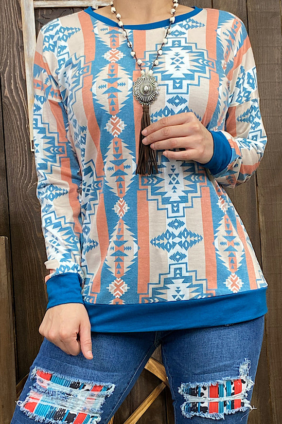 GJQ10223 Blue Aztec printed long sleeve top