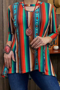 GJQ10848 Multi color serape 3/4 sleeve top w/key whole neckline