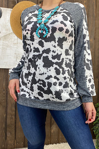 GJQ1207 Grey cow spotted long sleeve top
