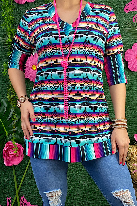 GJQ12242 Multi color Aztec & serape printed tunic top