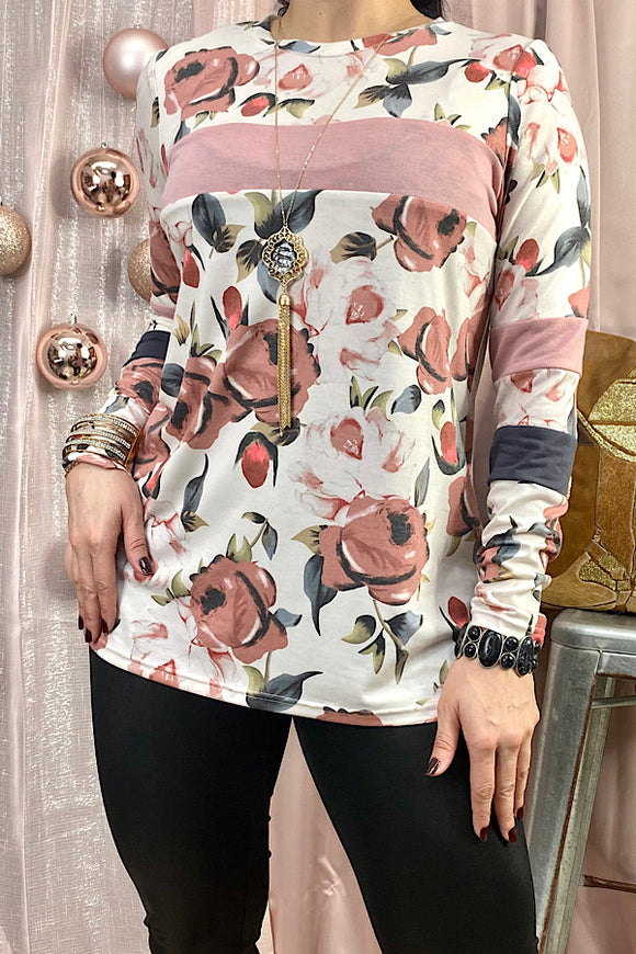 GJQ12277 Floral printed color block long sleeve top