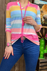 GJQ8710 Multi color striped 3/4 sleeve top