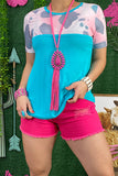 Western turquoise/cow spot short sleeve ranch women's boutique top GJQ9029 C10