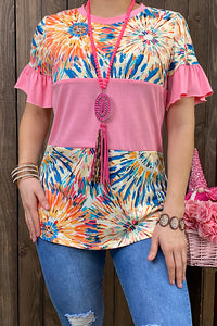 GJQ9101 Multi color pink top w short ruffle sleeves