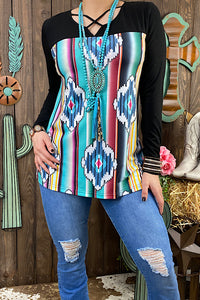 GJQ9857 Aztec printed long sleeve top w/criss cross neckline