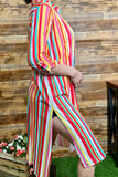 HX6943 Multi-color striped button down tunic w back print