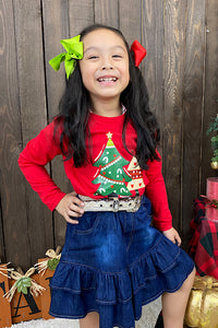 DLH0824-9 Christmas tree t-shirt w/denim skirt set