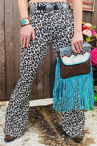 J191 White & brown leopard printed bell bottoms