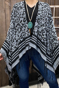 LW11392 Grey & black leopard printed shawl w/tassels